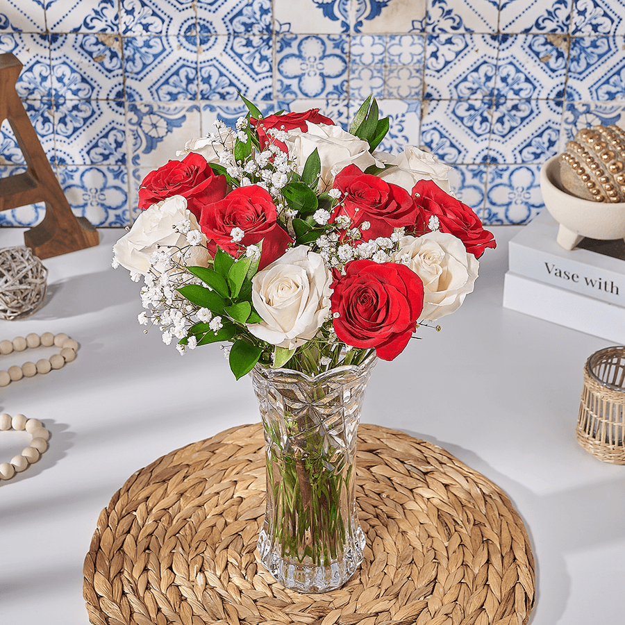 Dazzling Red & White Rose Bouquet, flower gift, flower, bouquet gift, bouquet, rose gift, rose, US delivery