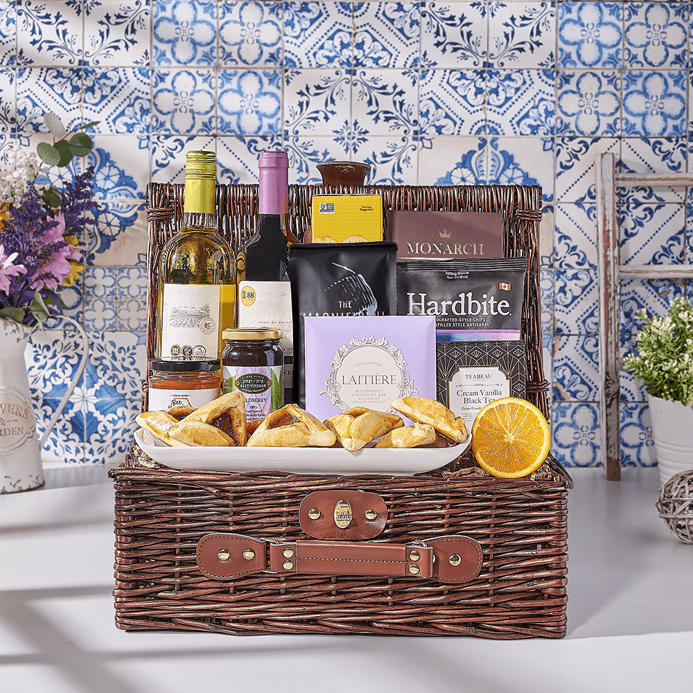 Deluxe Purim Wine & Snack Basket, wine gift, wine, kosher wine gift, kosher wine, USA delivery