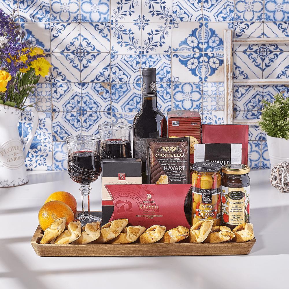 From Dawn to Dusk Purim Gift Basket, cookie gift, cookies, kosher gift, kosher, wine gift, wine, USA delivery