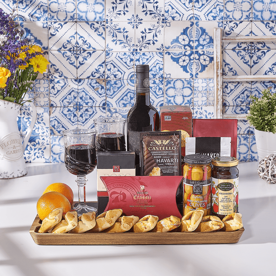 From Dawn to Dusk Purim Gift Basket, cookie gift, cookies, kosher gift, kosher, wine gift, wine, USA delivery