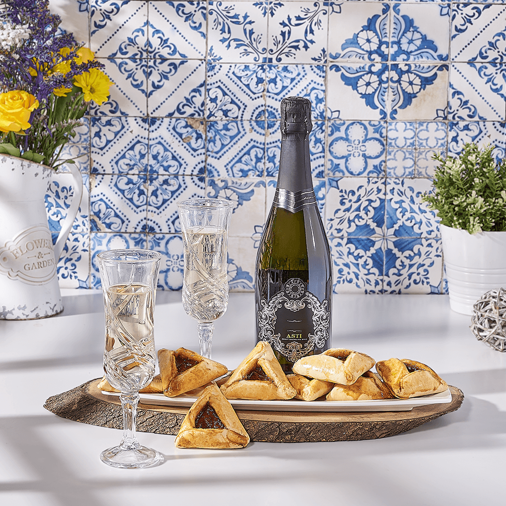 Hamantaschen Cookies & Champagne Gift Basket, kosher gift, kosher, champagne gift, champagne, sparkling wine gift, sparkling wine, hamantaschen gift, hamantaschen, USA delivery