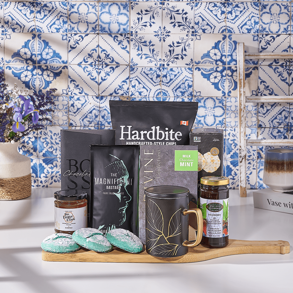 Hanukkah Coffee & Snacks Gift Basket, kosher gift, kosher, coffee gift, coffee, chocolate gift, chocolate, USA delivery