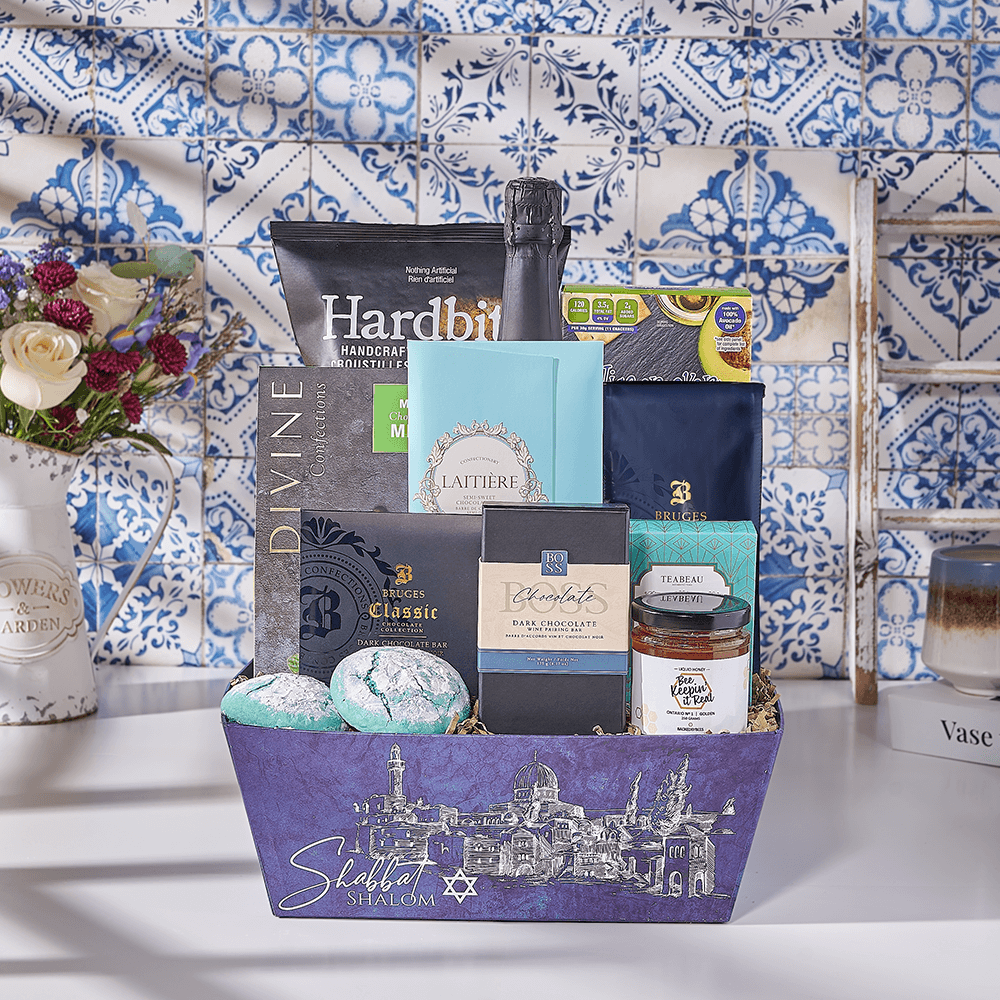 Hanukkah Cookie Celebration Basket, kosher gift, kosher, sparkling wine gift, sparkling wine, champagne gift, champagne, cookie gift, cookie, USA delivery