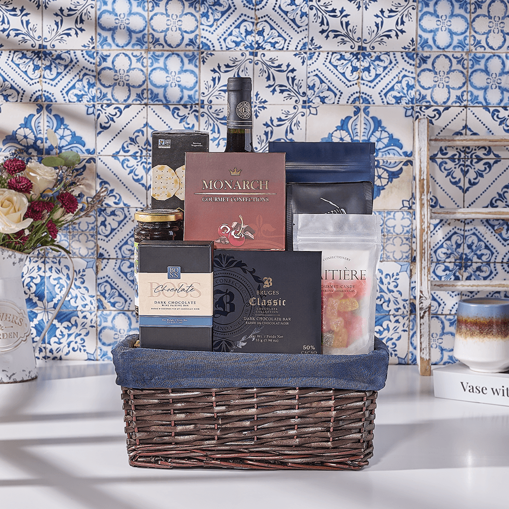 Kosher Chocolate & Wine Gift Basket, kosher gift, kosher, wine gift, wine, chocolate gift, chocolate, USA delivery
