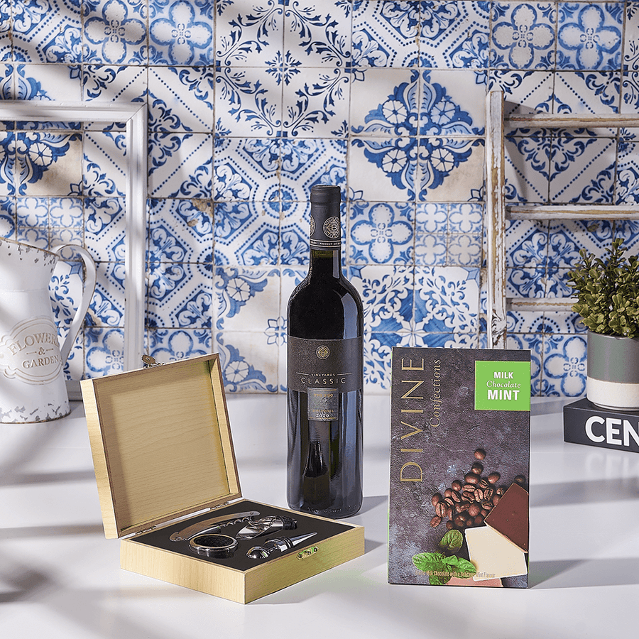 Kosher Wine & Tools Gift Set, wine gift, wine, kosher gift, kosher, chocolate gift, chocolate, USA delivery