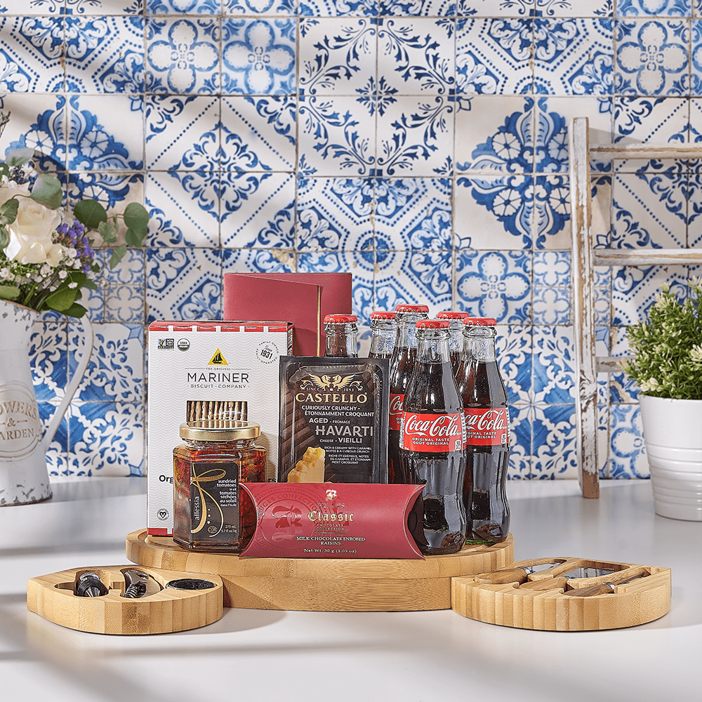 Marvelous Mensch Gift Basket, soda gift, soda, kosher gift, kosher, cheese board gift, cheese board, USA delivery