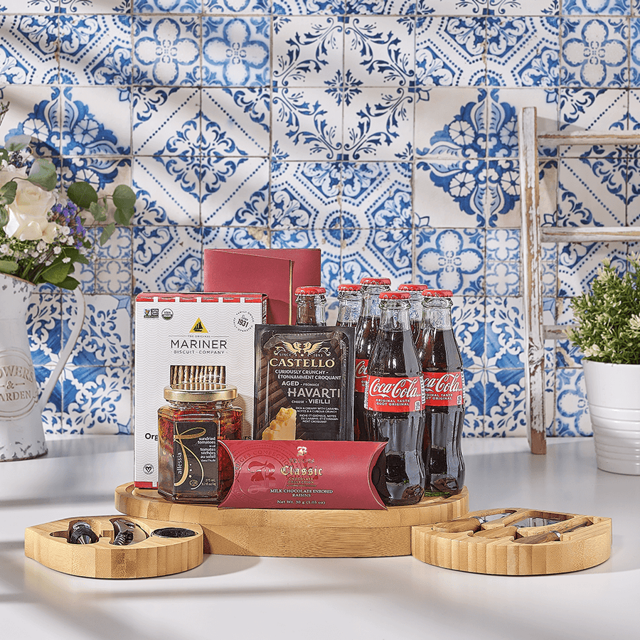 Marvelous Mensch Gift Basket, soda gift, soda, kosher gift, kosher, cheese board gift, cheese board, USA delivery