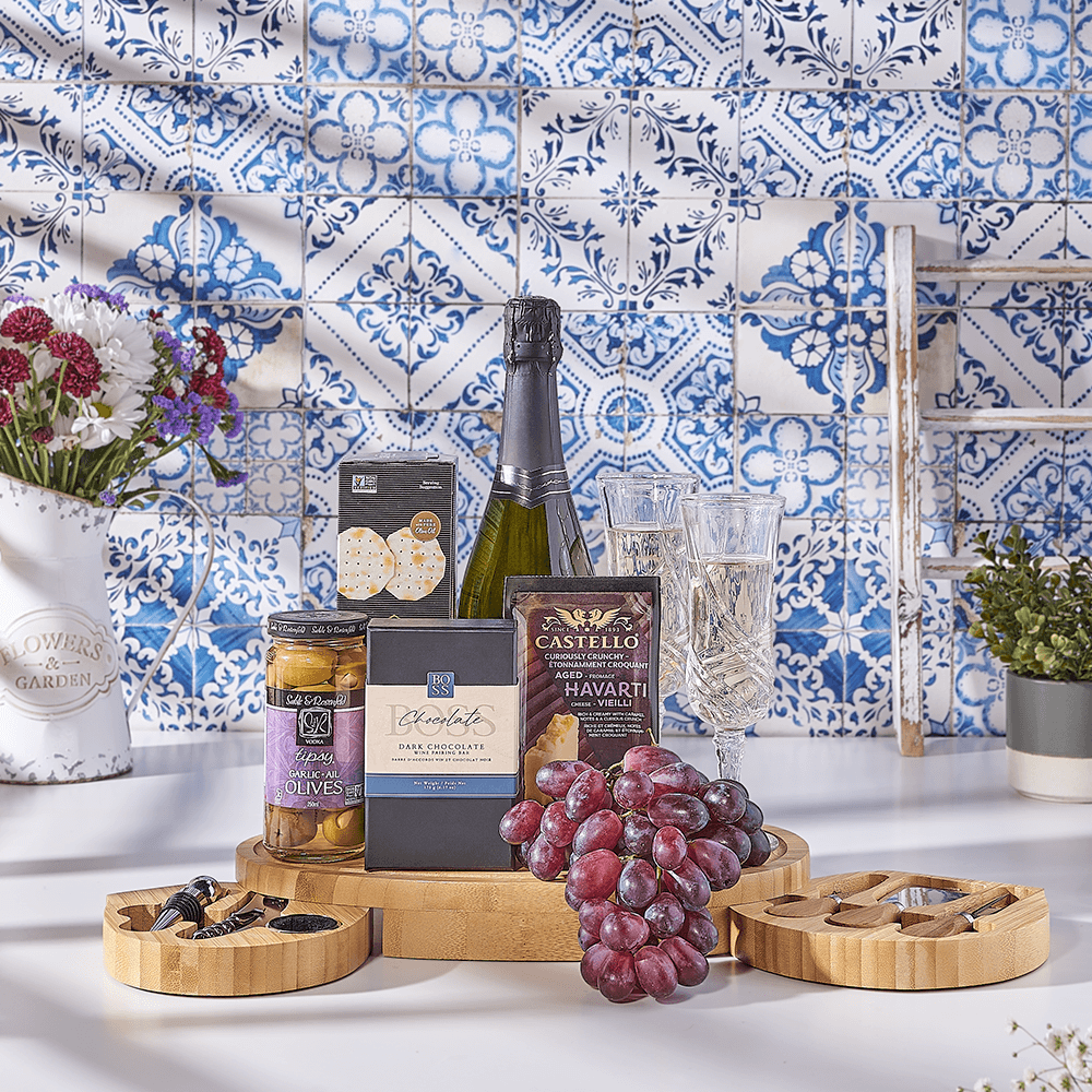 Modern Cheese Board & Champagne Gift Set, champagne gift, champagne, sparkling wine gift, sparkling wine, kosher gift, kosher, USA delivery