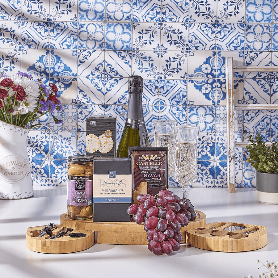 Modern Cheese Board & Champagne Gift Set, champagne gift, champagne, sparkling wine gift, sparkling wine, kosher gift, kosher, USA delivery