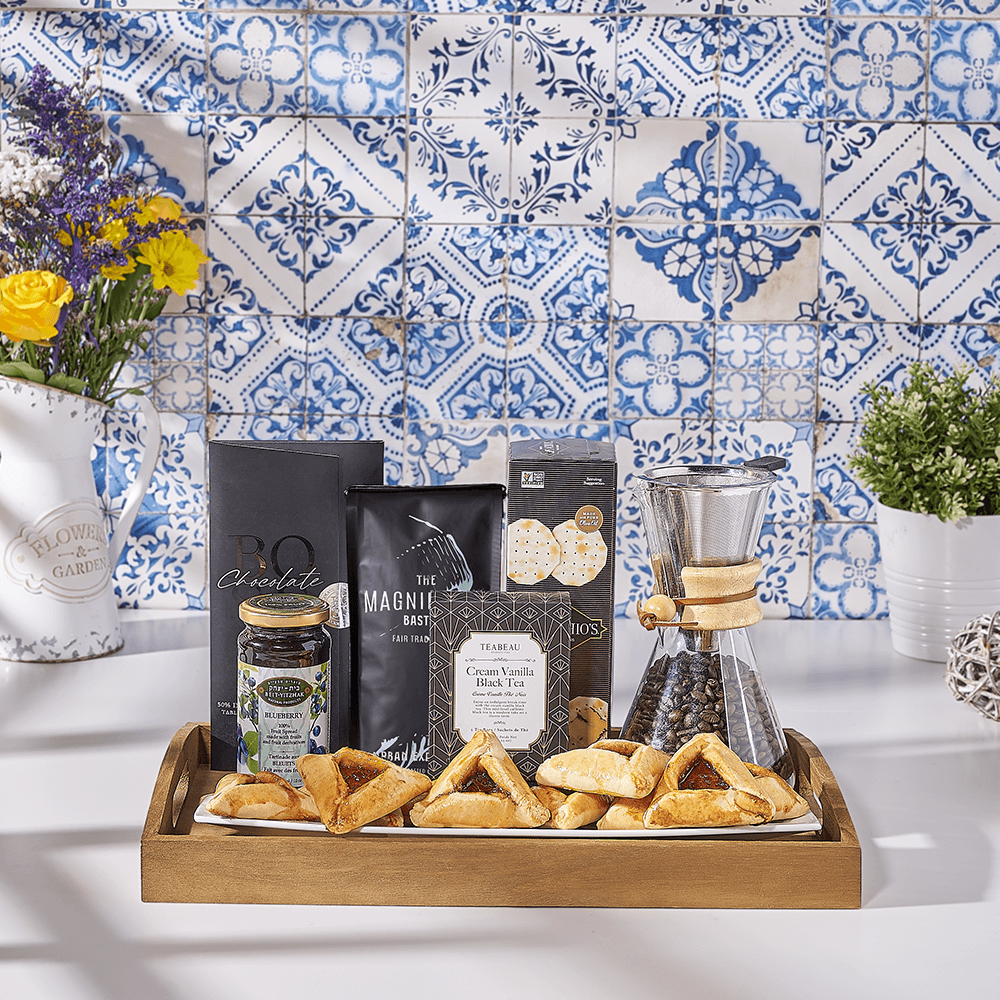 Purim Coffee & Snacks Gift Basket, kosher gift, kosher, coffee gift, coffee, tea gift, tea, USA delivery