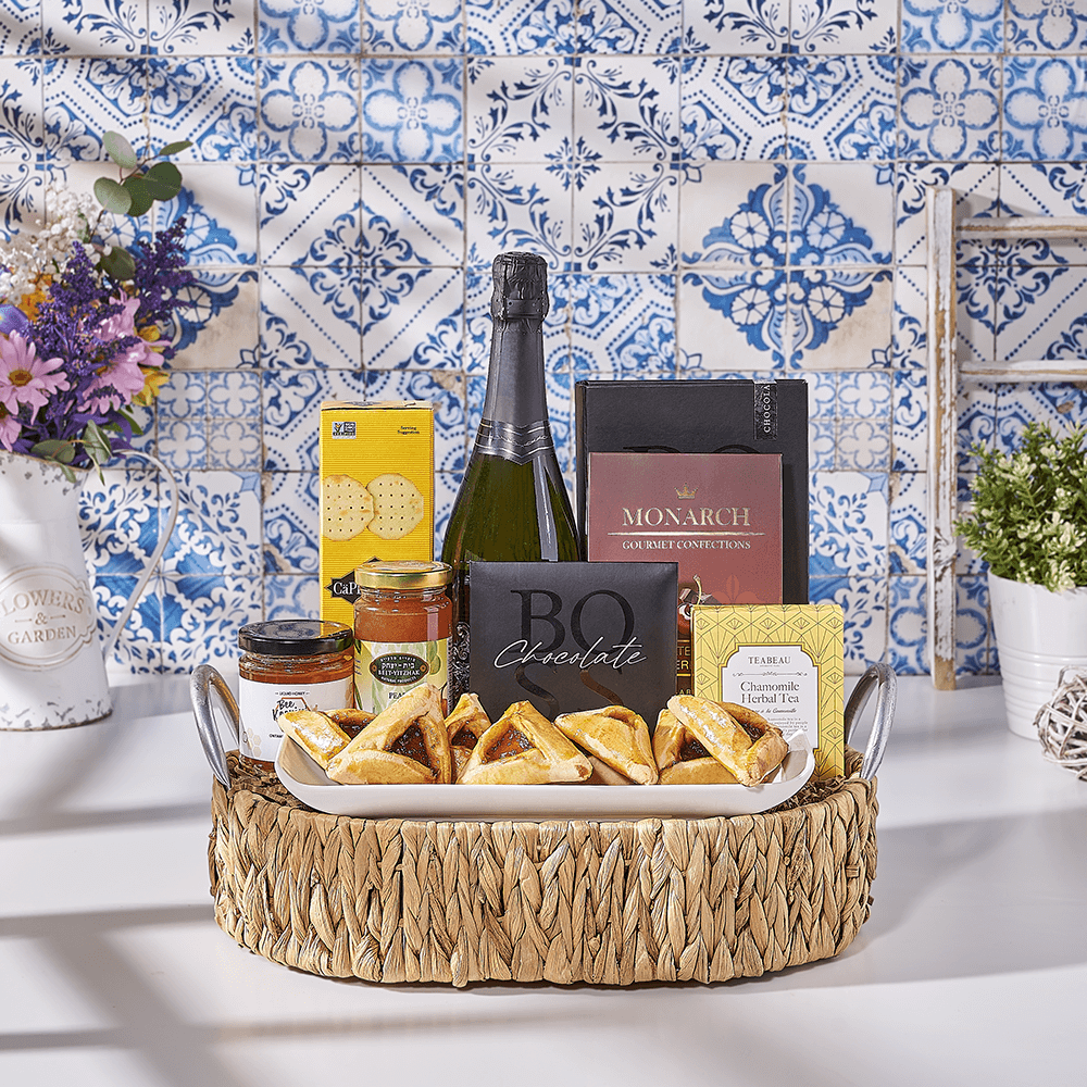 The Hamantaschen Gift Basket, kosher gift, kosher, champagne gift, champagne, sparkling wine gift, sparkling wine, cookie gift, cookie, USA delivery