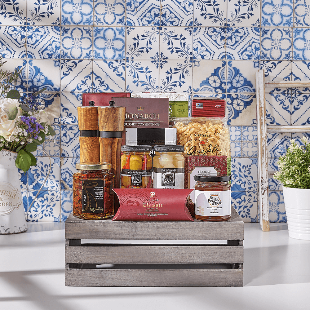 The Rustic Gourmet Gift Basket, kosher gift, kosher, coffee gift, coffee, pasta gift, pasta, USA delivery