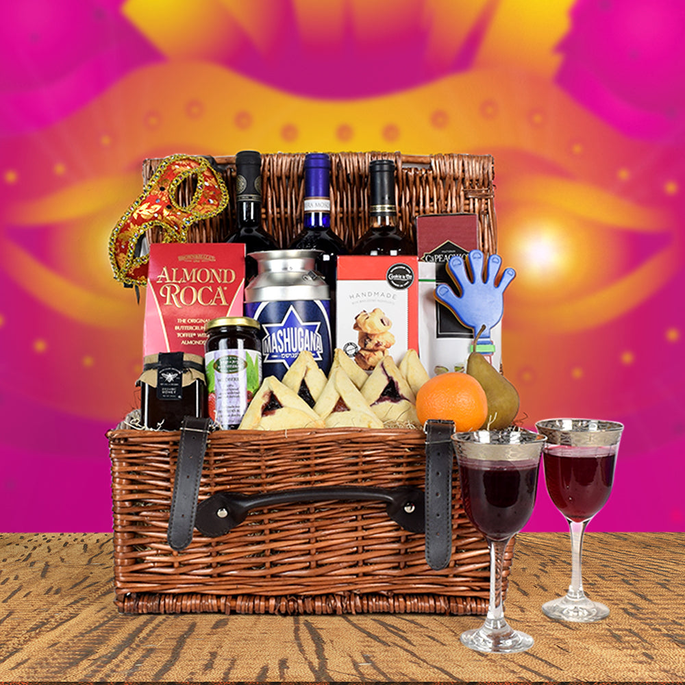 Deluxe Purim Wine & Snack Basket, wine gift baskets, kosher gift baskets, gourmet gift baskets, gift baskets, Jewish holiday gift baskets, Purim gift baskets, Shabbat gift baskets, Passover gift baskets