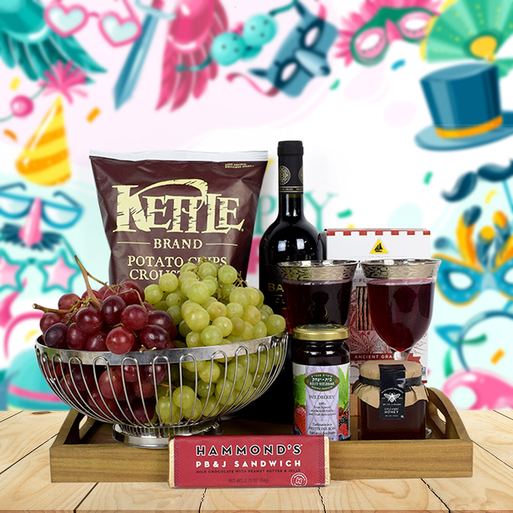 Kosher Wine & Snacking Basket, wine gift baskets, kosher gift baskets, gourmet gift baskets, gift baskets, Jewish holiday gift baskets, Purim gift baskets, Shabbat gift baskets, Passover gift baskets